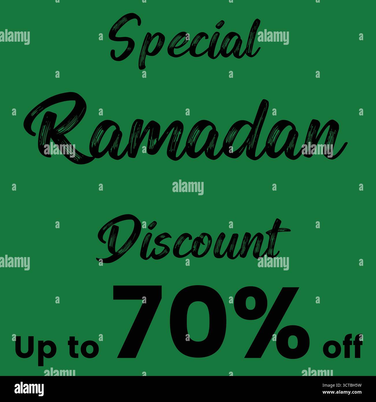 Sconto speciale Ramadan fino al 70% di sconto, grande banner di vendita natalizio con sfondo verde, perfetto per promozioni per i clienti e utilizzo sui social media. Illustrazione Vettoriale