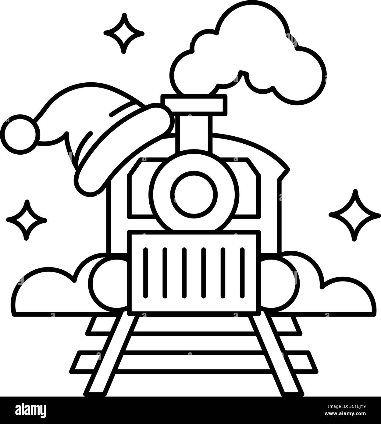 Un treno con sopra un cappello di Babbo Natale. Il cappello è bianco e ha un naso rosso. Il treno è su un binario e ha un motore a vapore. Il motore a vapore è nero Illustrazione Vettoriale