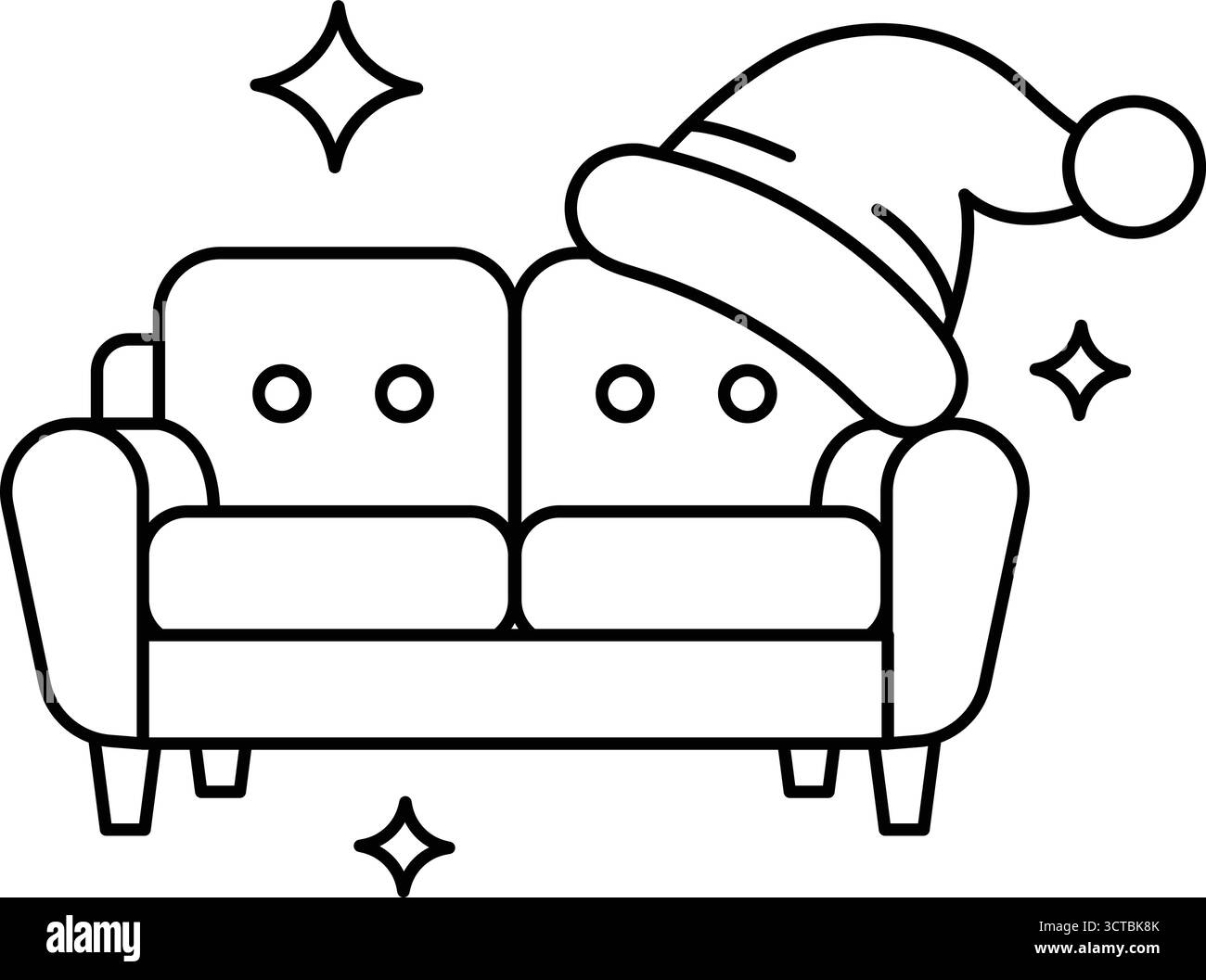 Un divano con un cappello sopra. Il divano è decorato con una stella e un luccichio Illustrazione Vettoriale