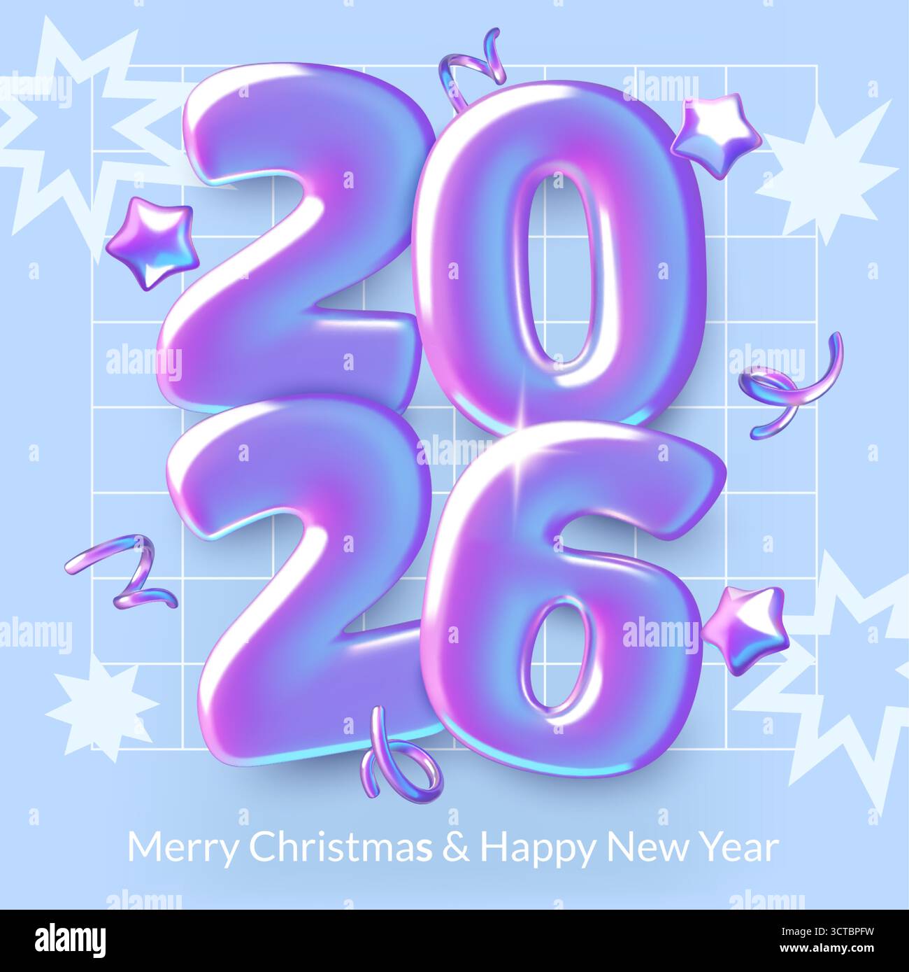 Set di poster quadrati di Capodanno 2026 con numeri olografici 3d stelle e fuochi d'artificio Illustrazione Vettoriale