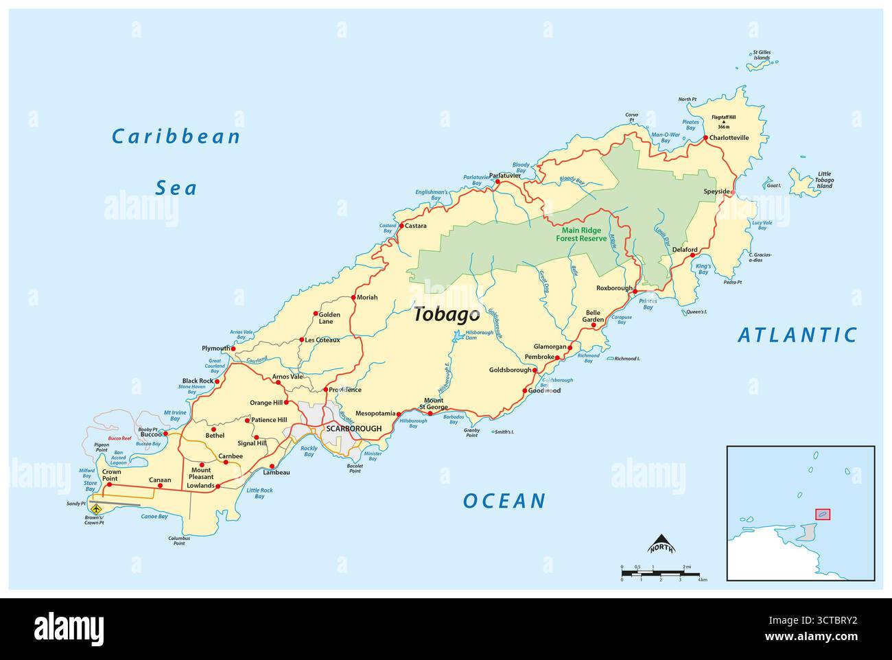 Mappa stradale dell'isola di Tobago, Trinidad e Tobago Foto Stock