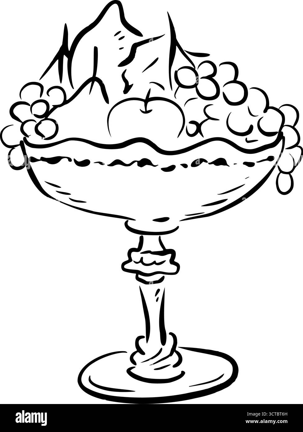 Ciotola vintage con frutta. Grafica vettoriale per schizzi rapidi e stravaganti. Elegante illustrazione disegnata a mano. Perfetto per menu di ristorante e arredi in cucina Illustrazione Vettoriale