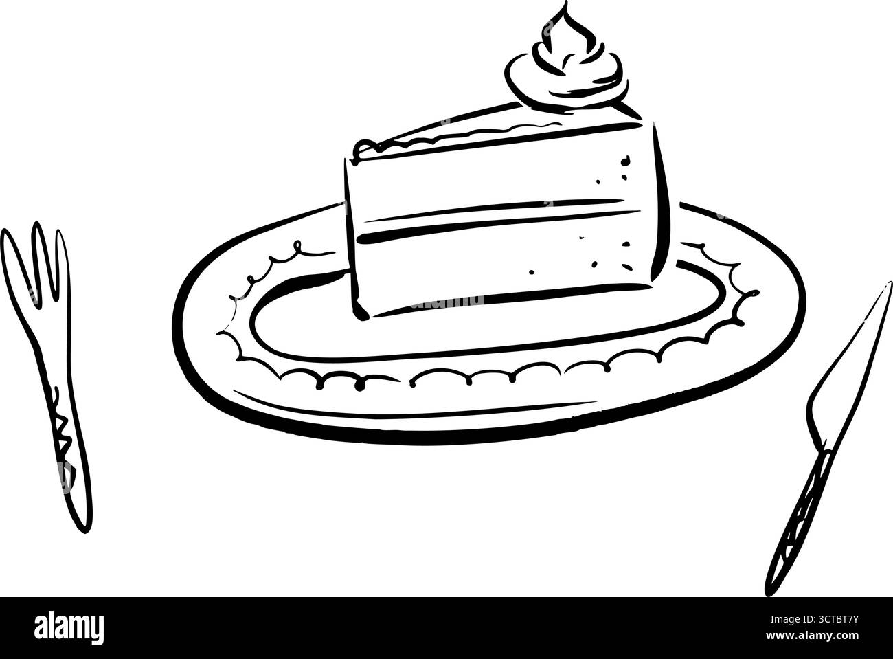 Fetta di torta su un piatto decorativo con forchetta da dessert e coltello. Grafica vettoriale per schizzi rapidi e stravaganti. Illustrazione romantica disegnata a mano. Perfetto per Illustrazione Vettoriale