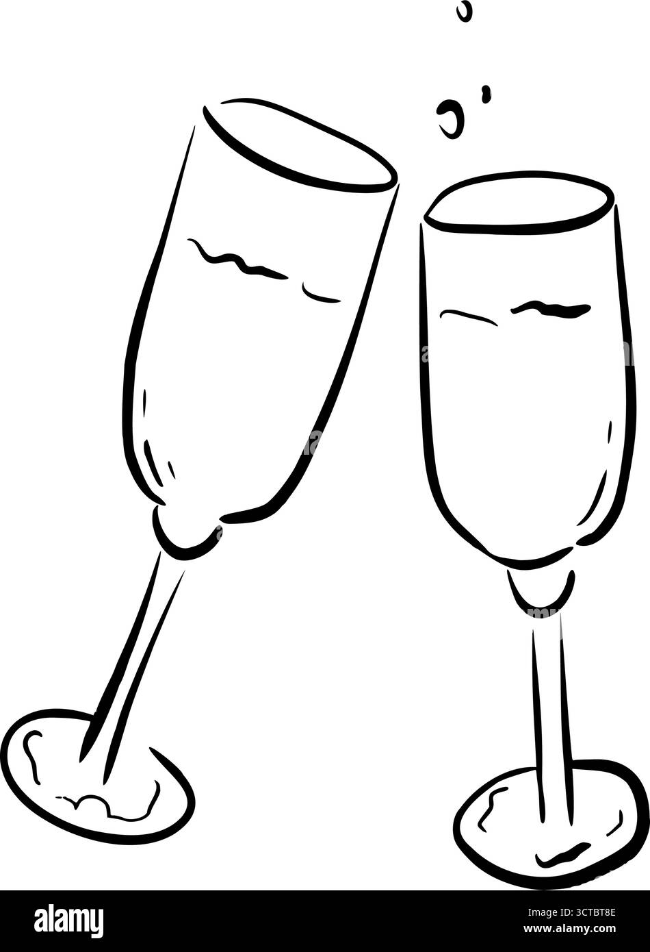 Due bicchieri da champagne che si brulicano in una fantasiosa grafica vettoriale. Illustrazione romantica disegnata a mano. Simbolo di celebrazione e amore. Perfetto Illustrazione Vettoriale