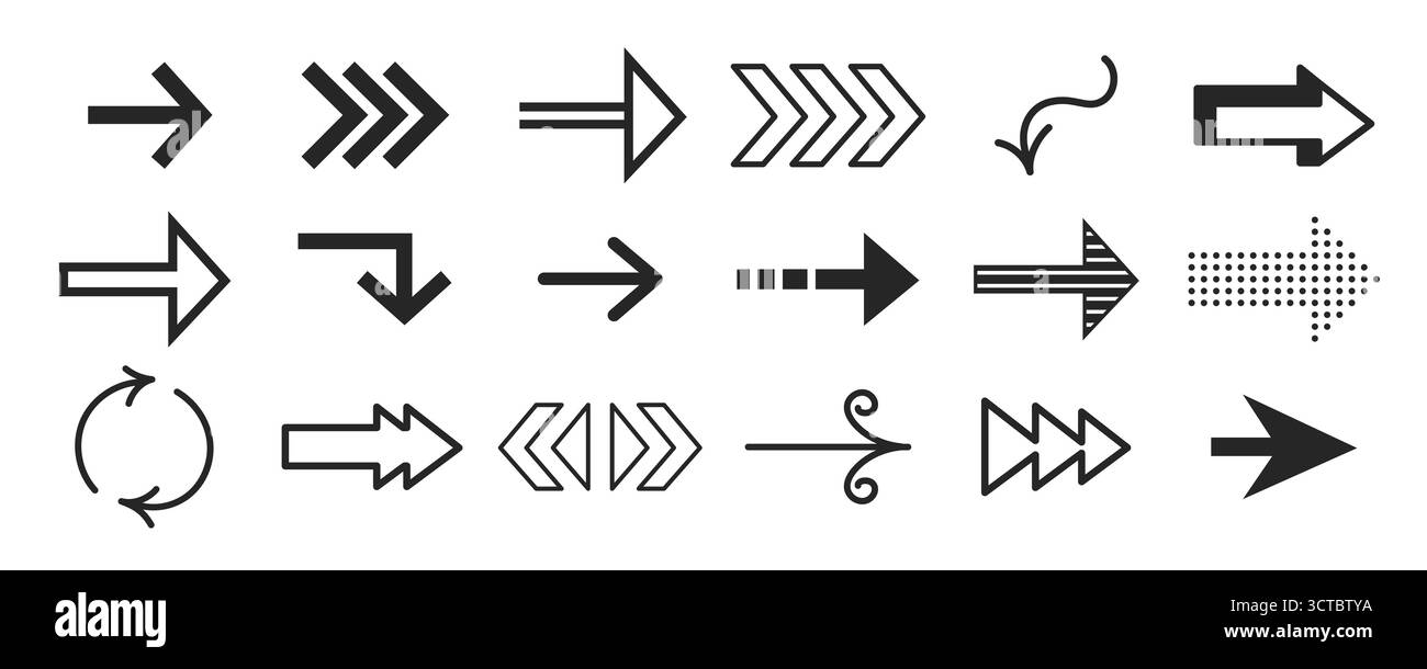 Set stretto direzionale con punte a freccia, puntatori curvi e indicatori geometrici in stile nero. Frecce con punti, motivi a strisce ed elementi di navigazione circolari per applicazioni di progettazione dell'interfaccia. Illustrazione Vettoriale