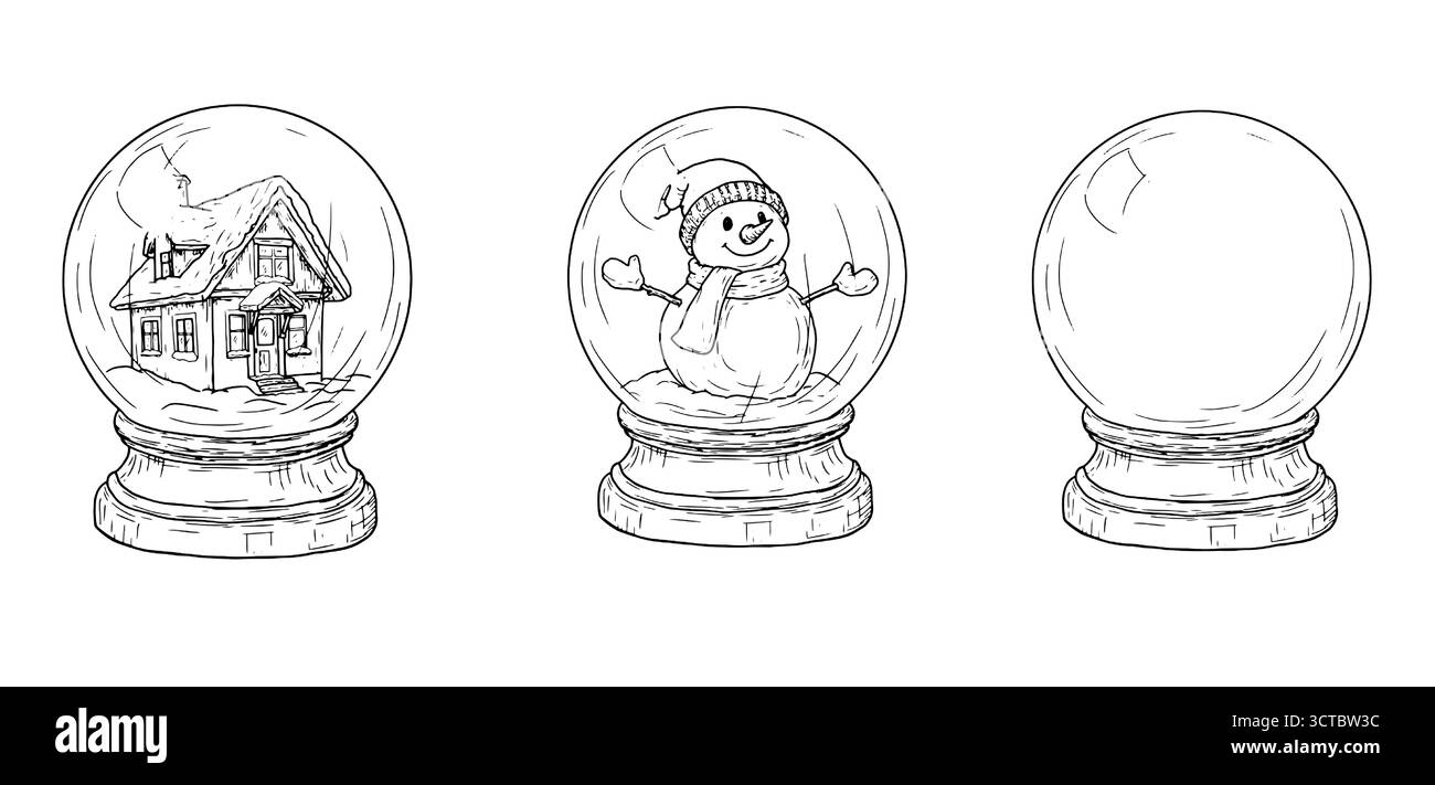Sfera di vetro su un supporto, schizzo. Illustrazione vettoriale. Set di palle di Natale con una casa, un pupazzo di neve e una neve, isolata su sfondo bianco. Concetto per N Illustrazione Vettoriale