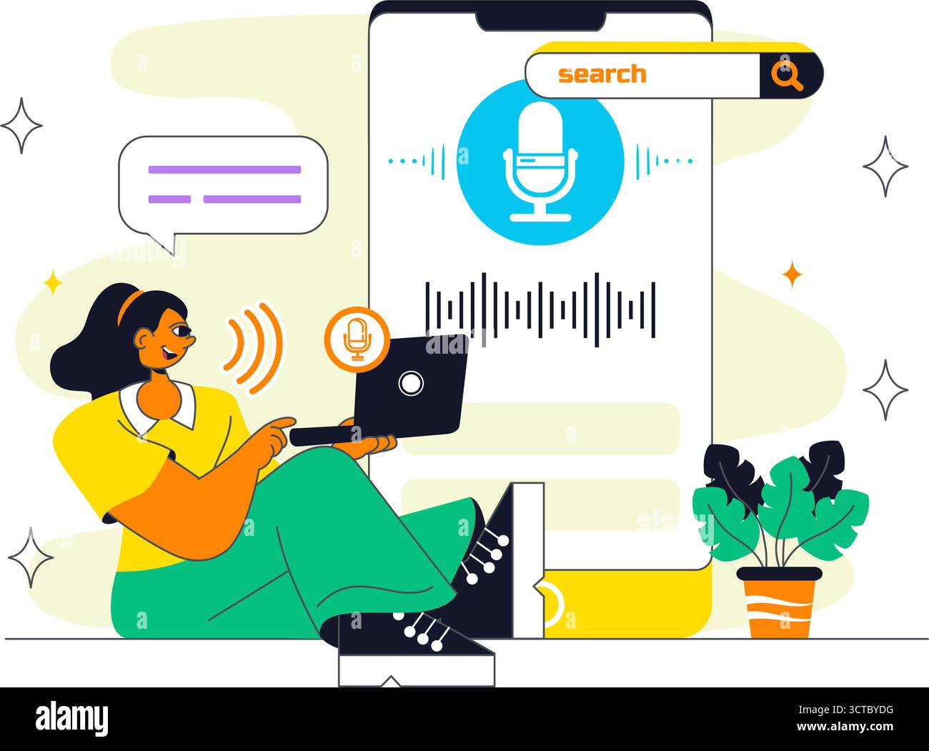 Illustrazione dei dispositivi Smart Voice Assistant con tecnologia digitale ad attivazione vocale per migliorare l'interazione dell'utente tramite il riconoscimento vocale Illustrazione Vettoriale