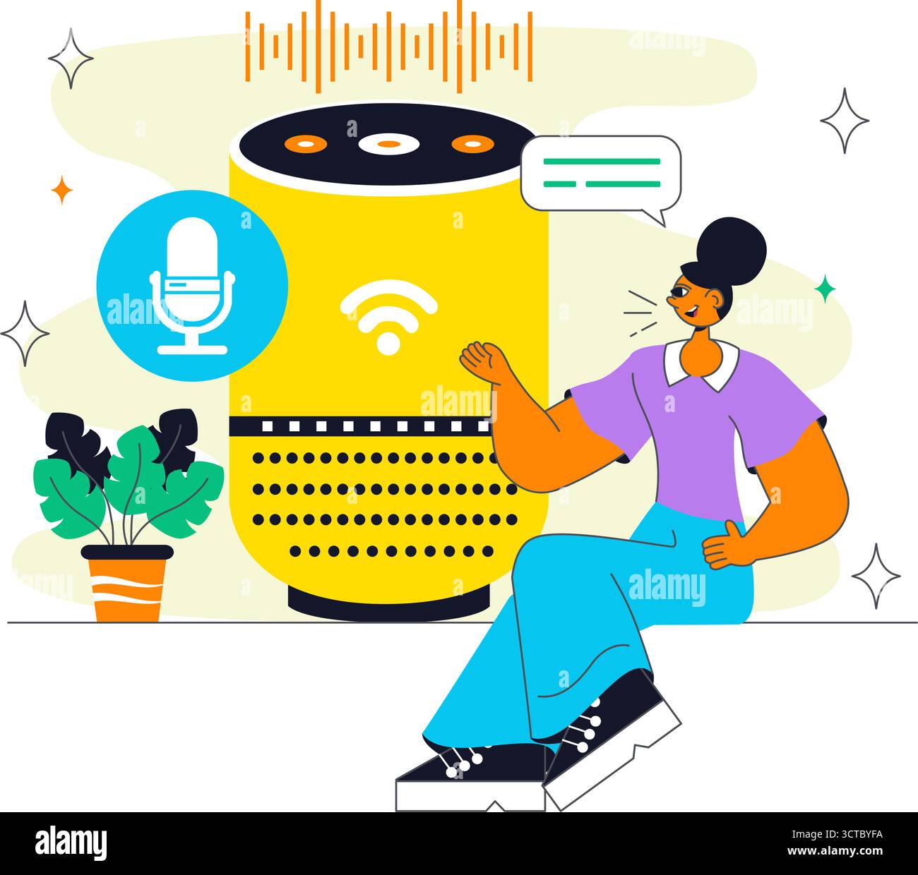 Illustrazione dei dispositivi Smart Voice Assistant con tecnologia digitale ad attivazione vocale per migliorare l'interazione dell'utente tramite il riconoscimento vocale Illustrazione Vettoriale