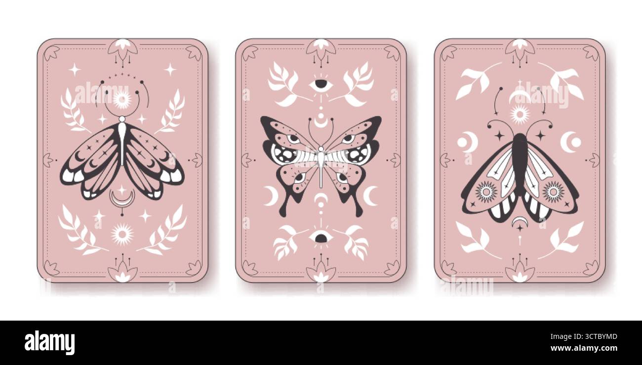 Boho poster mistici con motivi a farfalla su rosa bg: Simboli celesti, lune e stelle, foglie e motivi geometrici. L'estetica della carta dei tarocchi spirituali per il branding del benessere o della meditazione. Illustrazione Vettoriale