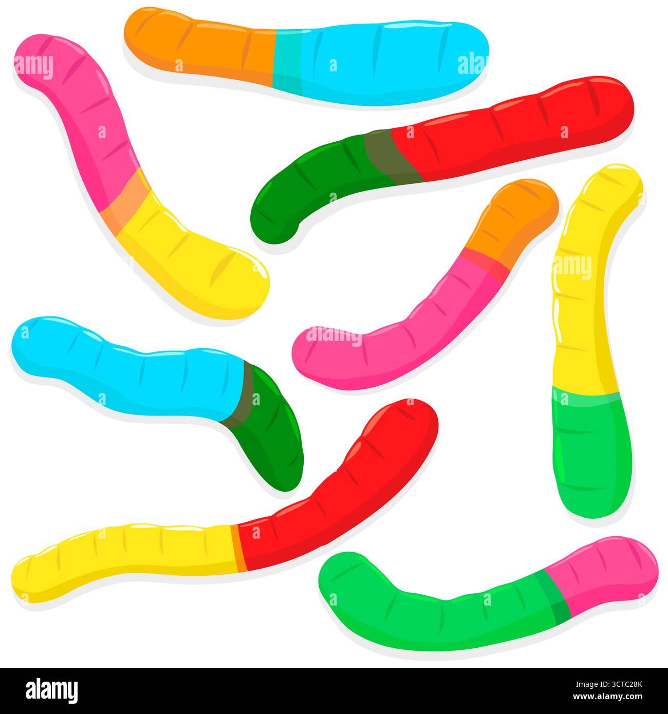 Raccolta di caramelle con vermi gelatinosi. Set di snack colorati in gelatina gommosa dolce e acida per i bambini. Dolcetti o dolcetti di Halloween. Foto Stock