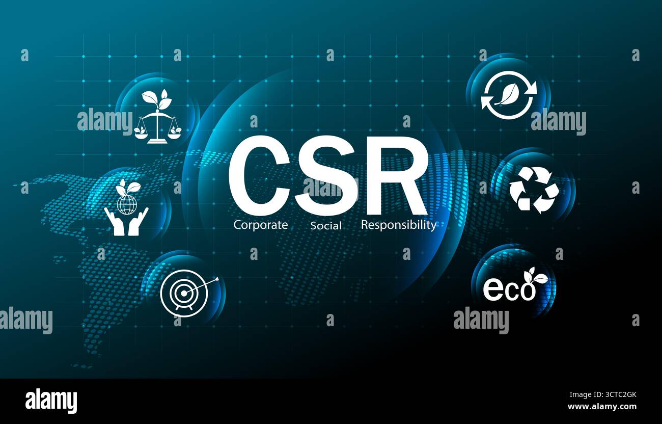 Illustrazione digitale della responsabilità sociale d'impresa (CSR). Presenta uno sfondo mappa globale con icone per Balance, Ecology e susta Foto Stock
