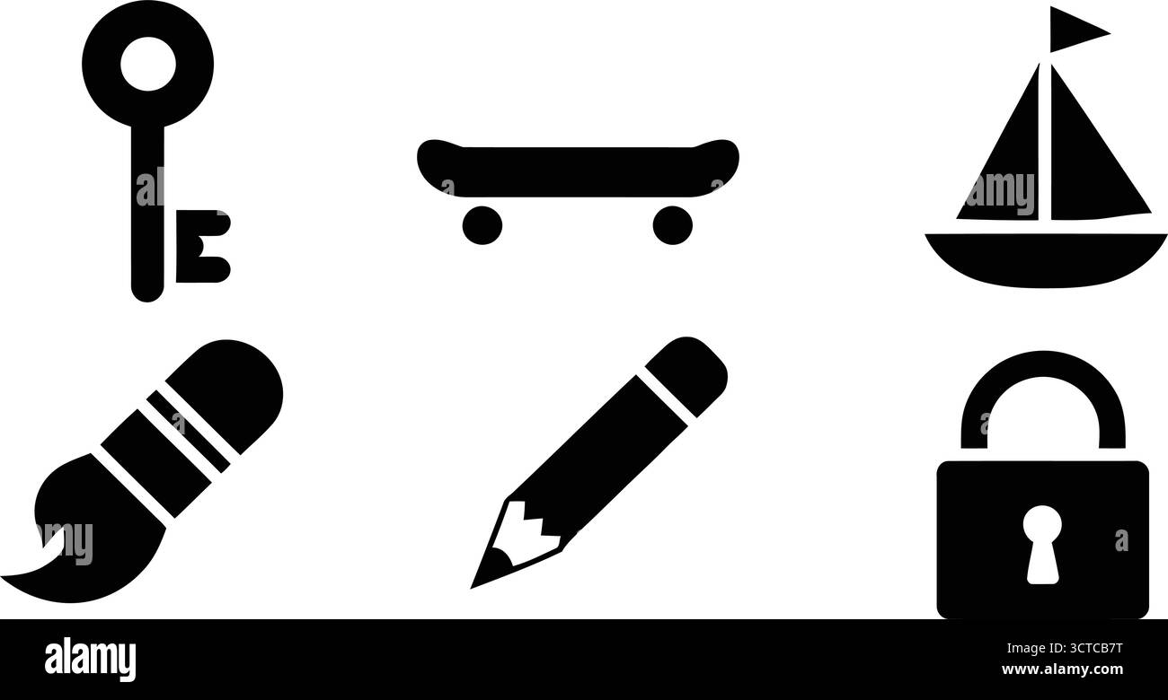 Icone silhouette nere: Chiave, skateboard, barca a vela, pennello, matita e lucchetto per i temi di design di tutti i giorni, creatività e utilità Illustrazione Vettoriale