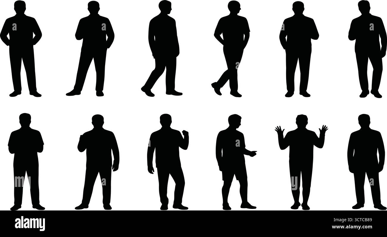 Sagome nere degli uomini - posizioni erette, camminate e gestuali per postura umana, linguaggio del corpo, animazione e design della comunicazione Illustrazione Vettoriale