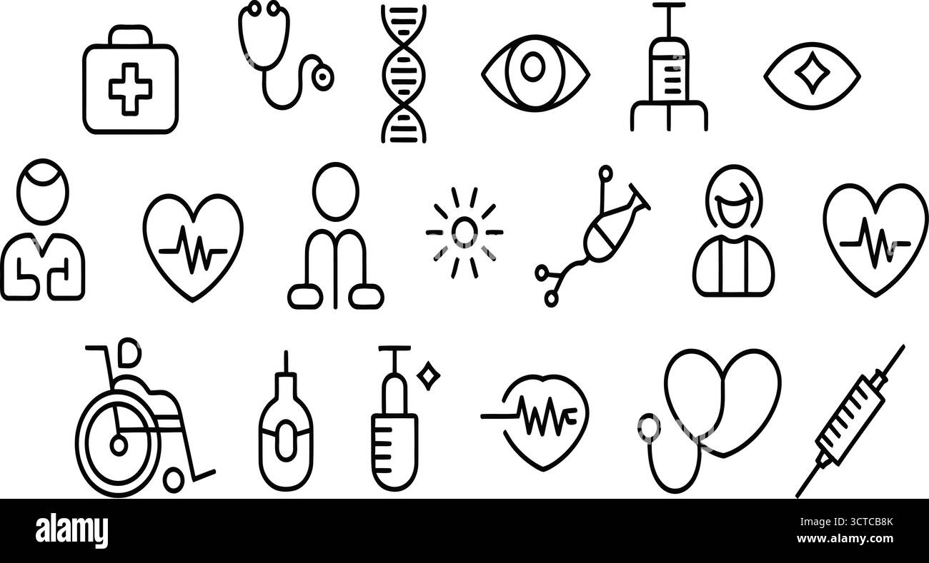 Black Line Medical Icons – stetoscopio, siringa, DNA, battito cardiaco, sedia a rotelle, occhi e simboli di pronto soccorso per l'assistenza sanitaria, cura del paziente e progettazione medica Illustrazione Vettoriale