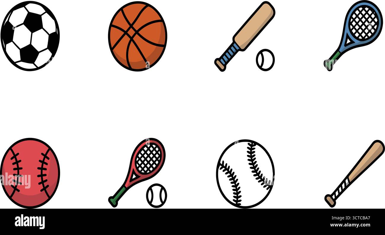 Attrezzature sportive colorate: Palla da calcio, pallacanestro, mazza da cricket, racchetta da tennis, mazza da baseball, football americano e molto altro ancora per l'atletica. Illustrazione Vettoriale
