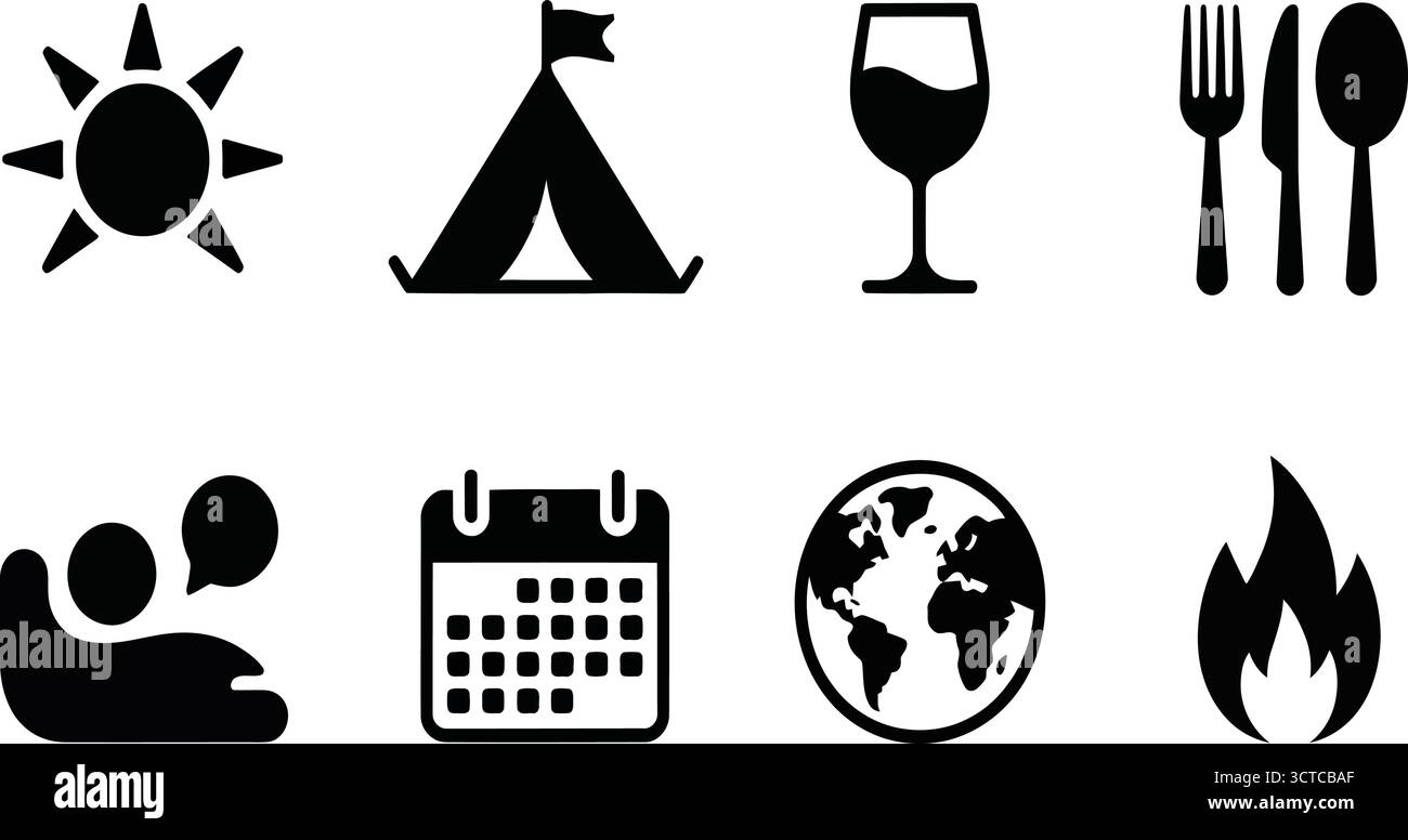 Icone della linea nera: Simboli minimalisti di sole, tenda, bicchiere di vino, posate, conversazione, calendario, globo e fiamma per viaggi, ristoranti e temi di pianificazione Illustrazione Vettoriale