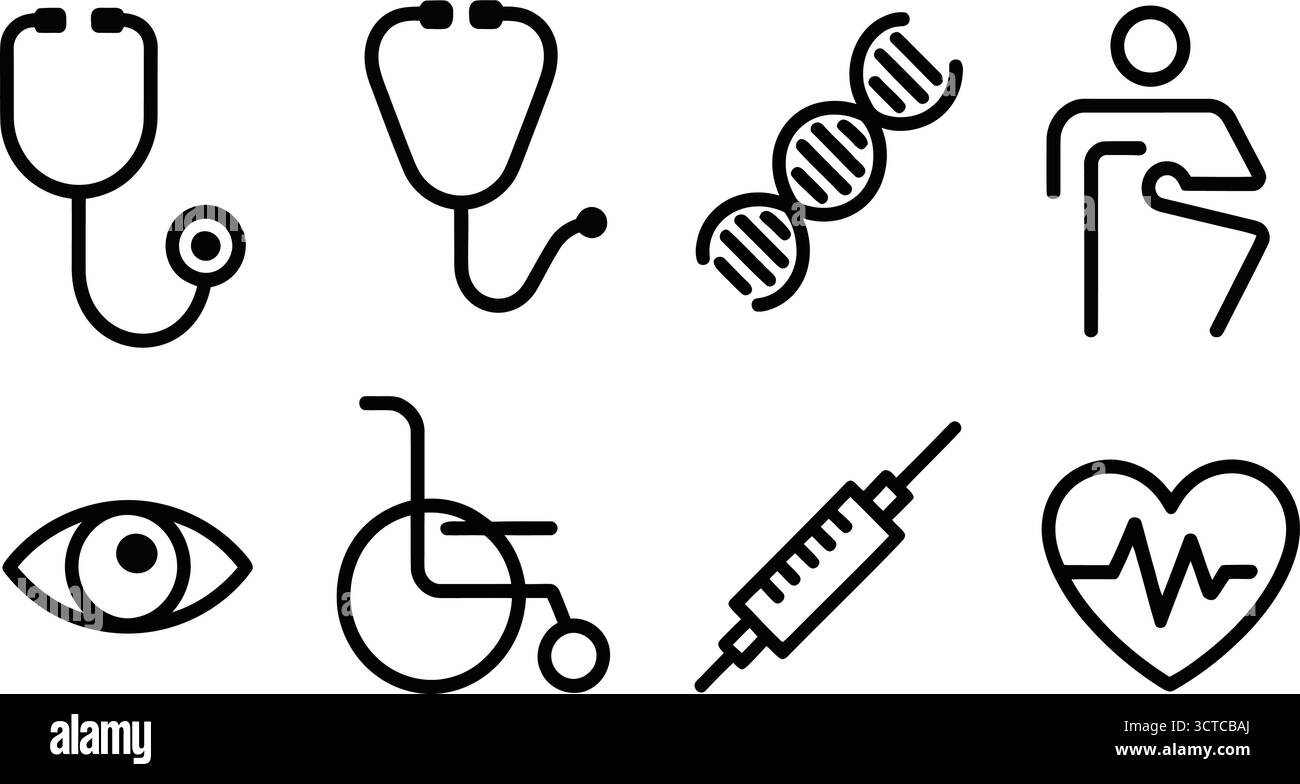 Icone della linea medica - simboli del contorno nero di stetoscopio, DNA, siringa, sedia a rotelle, battito cardiaco e paziente per la progettazione di strutture sanitarie, ospedali e benessere Illustrazione Vettoriale