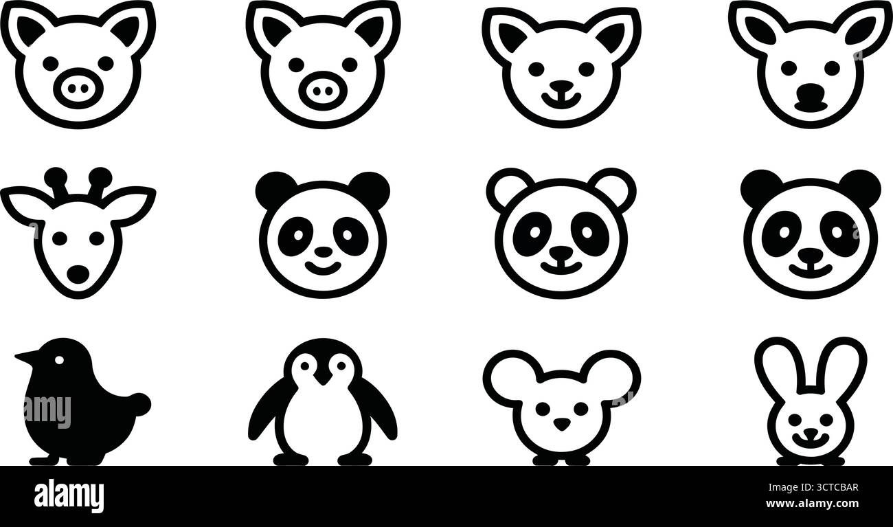 Volti minimalisti per animali: Icone bianche e nere di maiale, cane, giraffa, panda, uccello, pinguino, mouse e coniglio per bambini, istruzione e design Illustrazione Vettoriale