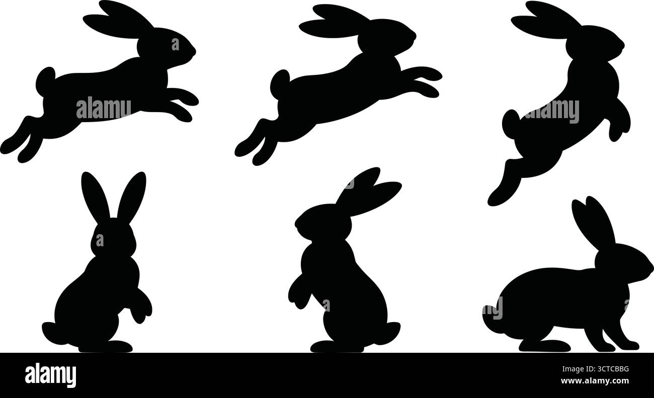 Set iconico con silhouette di coniglio con sei pose dinamiche e verticali per temi di design decorativi, stagionali e naturalistici Illustrazione Vettoriale