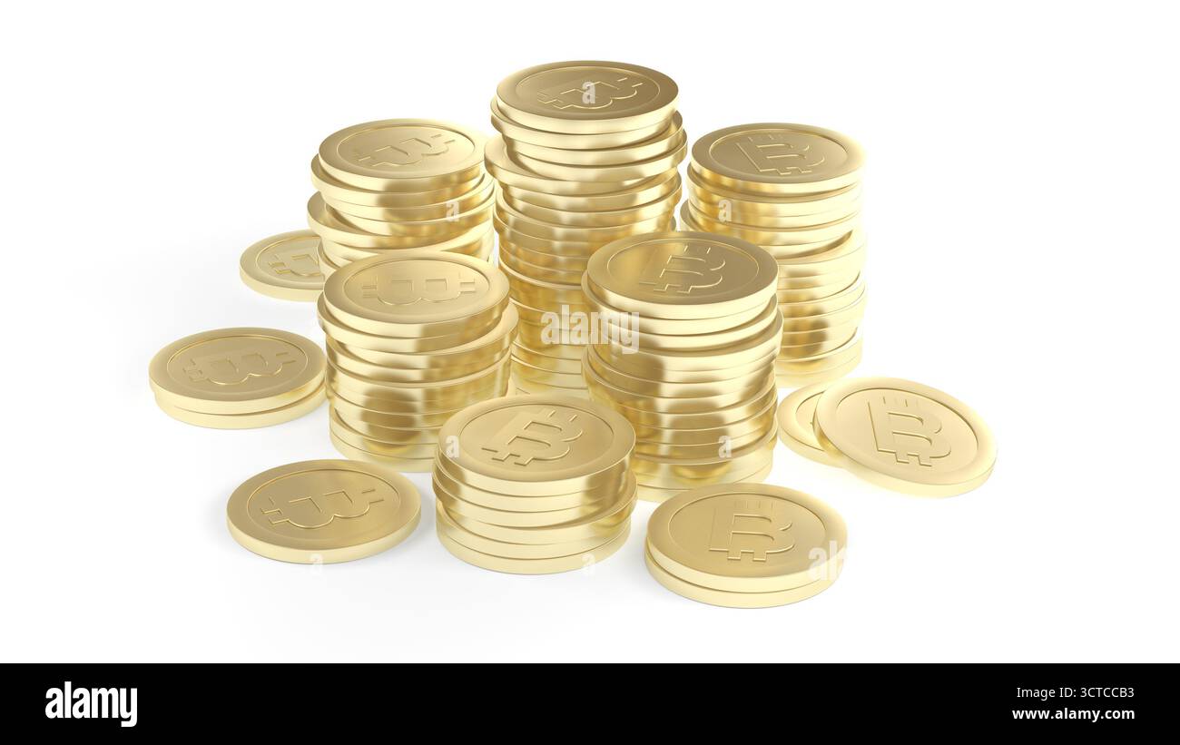 Bitcoin in oro isolati su sfondo bianco. illustrazione 3d. Foto Stock