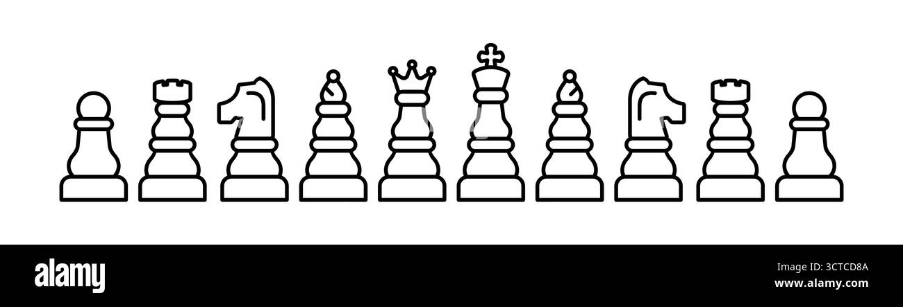 Icona della linea di impostazione dei pezzi degli scacchi. Delineare le icone del classico gioco di strategia. Cavaliere, regina, vescovo, torre, cavaliere, figure scacchistiche. Giochi da tavolo. Vettore Illustrazione Vettoriale