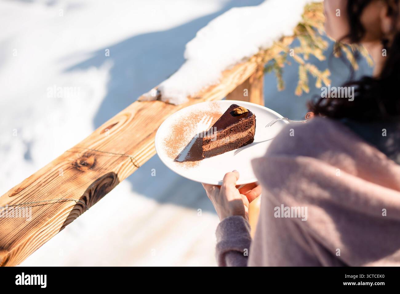 Chocolate Cake Slice all'aperto in inverno Foto Stock