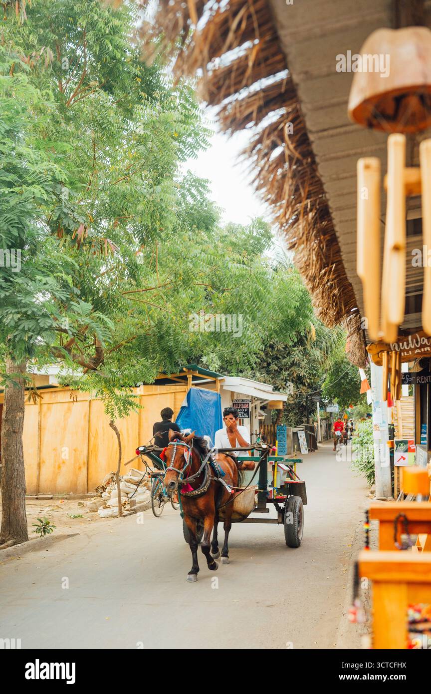 Carretto di cavalli sulla strada del villaggio di Gili Air Indonesia Foto Stock