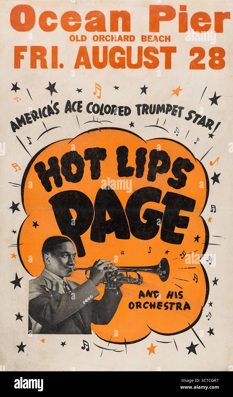 Hot Lips Page, 28 agosto 1936 – Old Orchard Beach, Maine, poster dei concerti jazz Foto Stock