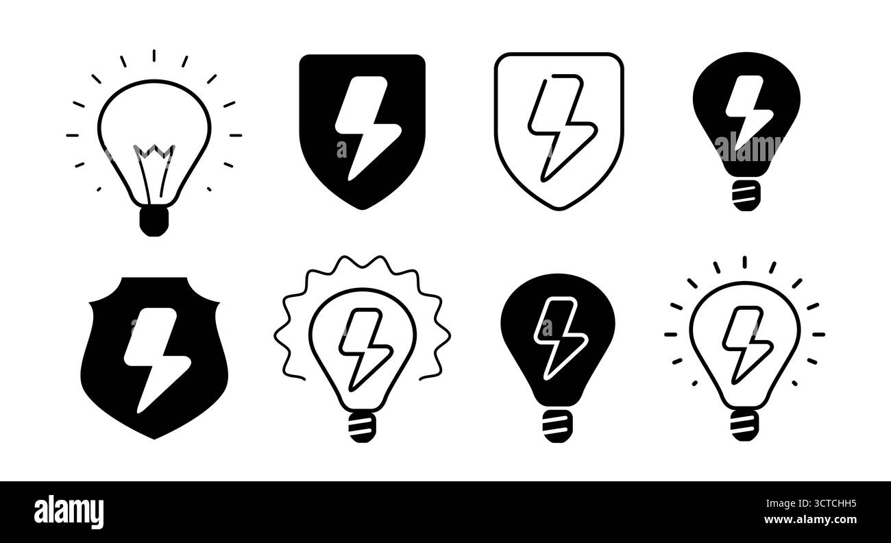 Set di icone bulloni luci. Segnale di pericolo elettrico, alta tensione elettrica. Lampadina, simbolo dell'energia Illustrazione Vettoriale