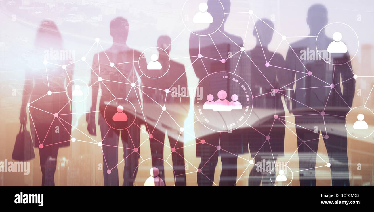 Uomini d'affari con icone digitali dei social network e ologrammi sovrapposti sullo sfondo della città. Foto Stock