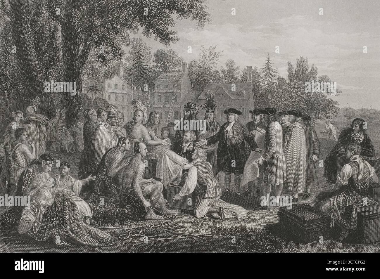 William Penn (1644-1718). Scrittore inglese e pensatore religioso. Influente quacchero, fondò la Pennsylvania Colony in America Britannica nel 1861. il trattato di William Penn con gli indiani. Penn firmò un trattato di pace nel 1682 con Tamanend, capo del clan delle tartarughe degli indiani Lenni-Lenape (tribù indiana del Delaware), sotto l'ombra di un olmo vicino al villaggio di Shackamaxon (attuale quartiere di Fishtown di Philadelphia, Pennsylvania). Incisione di J.C. Armytage dopo Benjamin West PRA (1738-1820). Storia degli Stati Uniti, di J. A. Spencer. Volume I. Edizione pubblicata a Barcellona, 1 Foto Stock