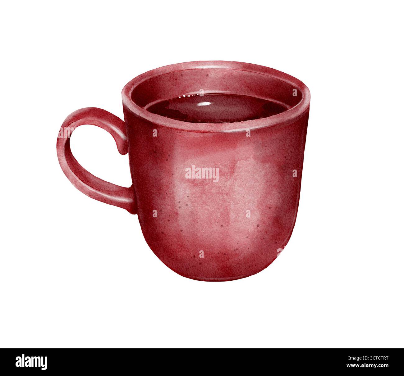 Illustrazione ad acquerello di una tazza da tè in ceramica rossa riempita con bevanda calda su sfondo bianco. Perfetto per menu, design caffetteria, ricettari, confezioni di tè, Foto Stock