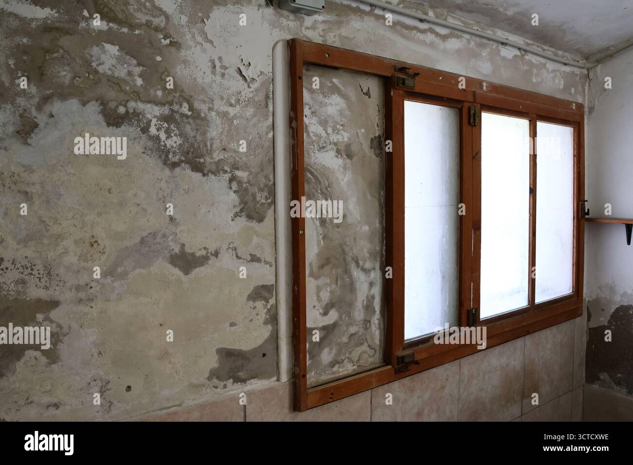 Pareti gravemente danneggiate con macchie umide e efflorescenza di Saltpeter causata dall'aumento dell'umidità capillare Foto Stock