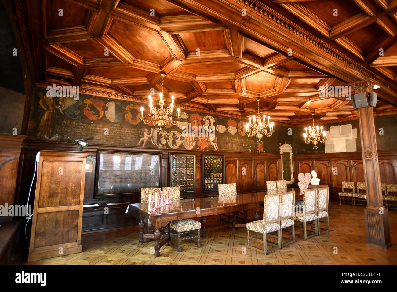 Soffitto in legno ornato nel Musée Historique de Mulhouse con magnifico soffitto in legno Mulhouse nella Francia orientale. Foto Stock