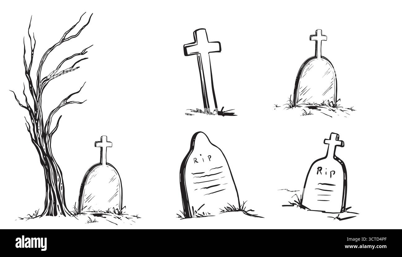 Collezione di pietre tombali e di vettori d'inchiostro a croce e a linee d'albero, perfetta per Halloween, cimitero, morte, o illustrazioni a tema gotico disegnate a mano Illustrazione Vettoriale