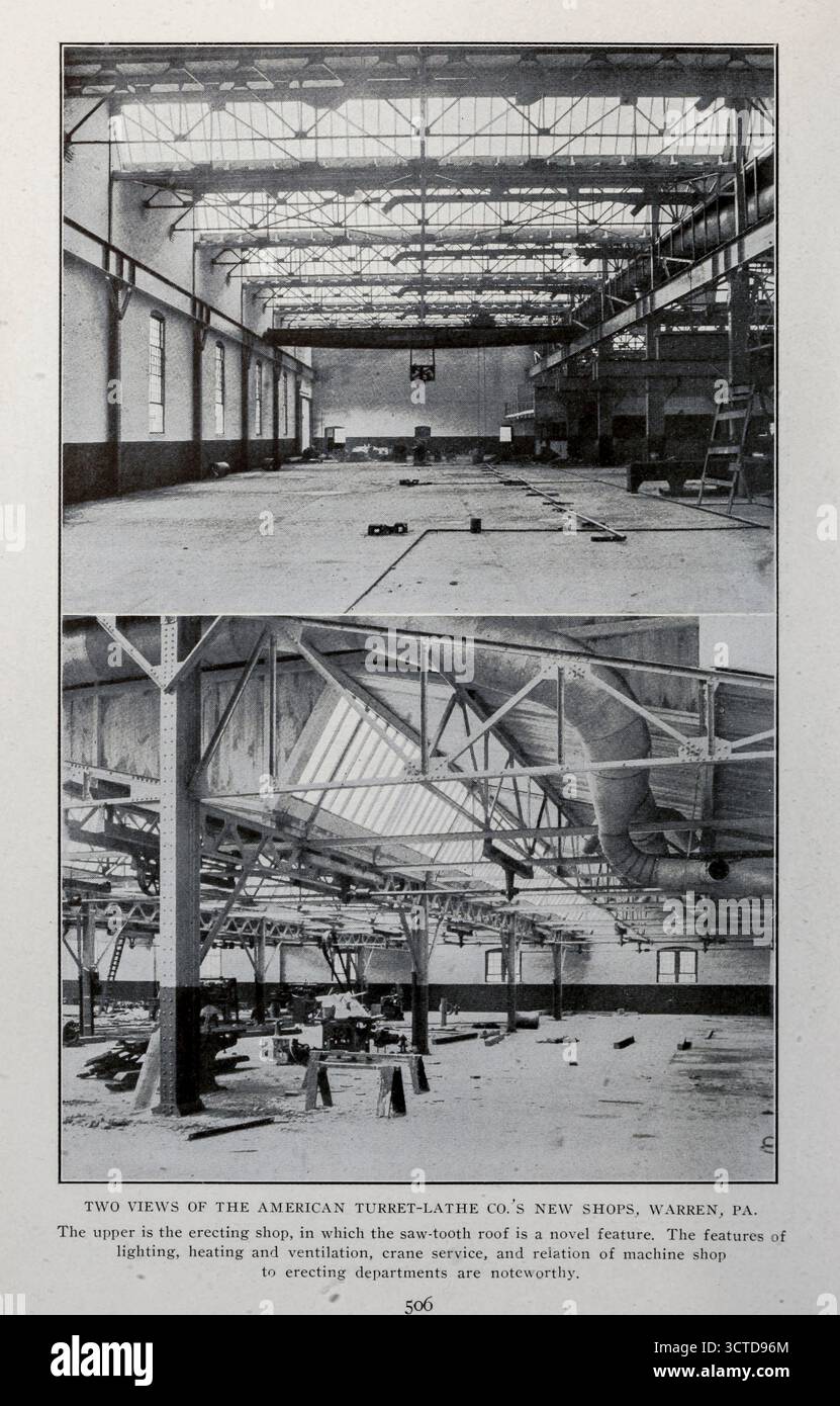 DUE VISTE SUI NUOVI NEGOZI DELLA AMERICAN TURRET-LATHE CO., WARREN, PENNSYLVANIA. La parte superiore è il negozio di erezione, in cui il tetto a denti di sega è una caratteristica nuova. Le caratteristiche di illuminazione, riscaldamento e ventilazione, assistenza con gru e relazione tra officina meccanica e reparti di costruzione sono degne di nota. Dall'articolo IL DESIGN FUNZIONA COME FATTORE DI ECONOMIA MANIFATTURIERA. Di Henry Hess. Dalla rivista Engineering dedicata al progresso industriale volume XXVII aprile - settembre 1904, Engineering Magazine Co Foto Stock