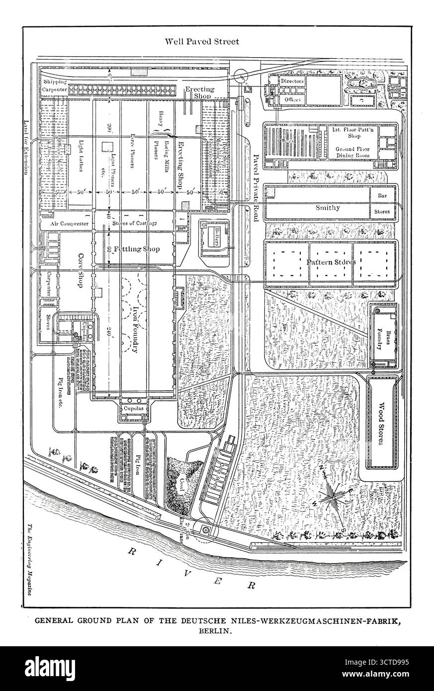 PIANO GENERALE DEL TERRENO DELLA DEUTSCHE NILES-WERKZEUGMASCHINEN-FABRIK, BERLINO. Dall'articolo IL DESIGN FUNZIONA COME FATTORE DI ECONOMIA MANIFATTURIERA. Di Henry Hess. Dalla rivista Engineering dedicata al progresso industriale volume XXVII aprile - settembre 1904, Engineering Magazine Co Foto Stock