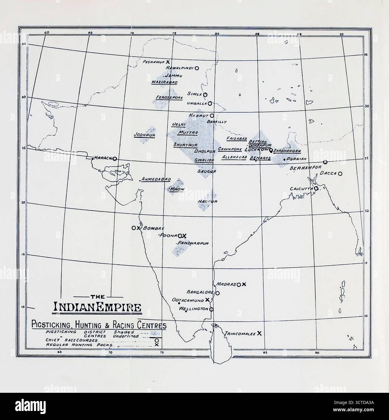 Mappa dei centri di caccia, caccia e corse in India da " The Sportsman's book for India " a cura di Aflalo, Frederick George, data di pubblicazione H. Marshall & Son 1904 Foto Stock