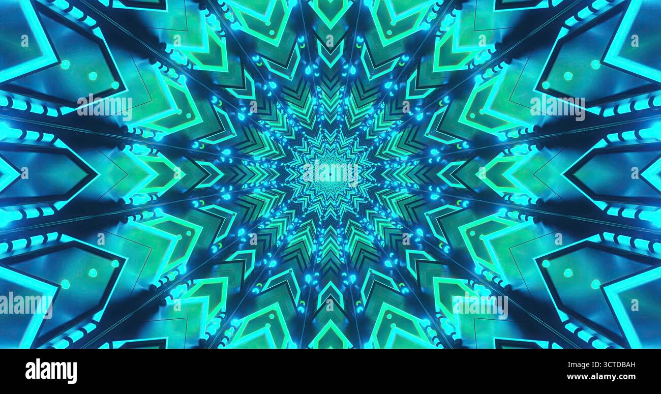 Forme vorticose e luci blu e verdi brillanti creano un effetto caleidoscopico ipnotico. Il design è caratterizzato da un motivo a stella che attira l'attenzione Foto Stock