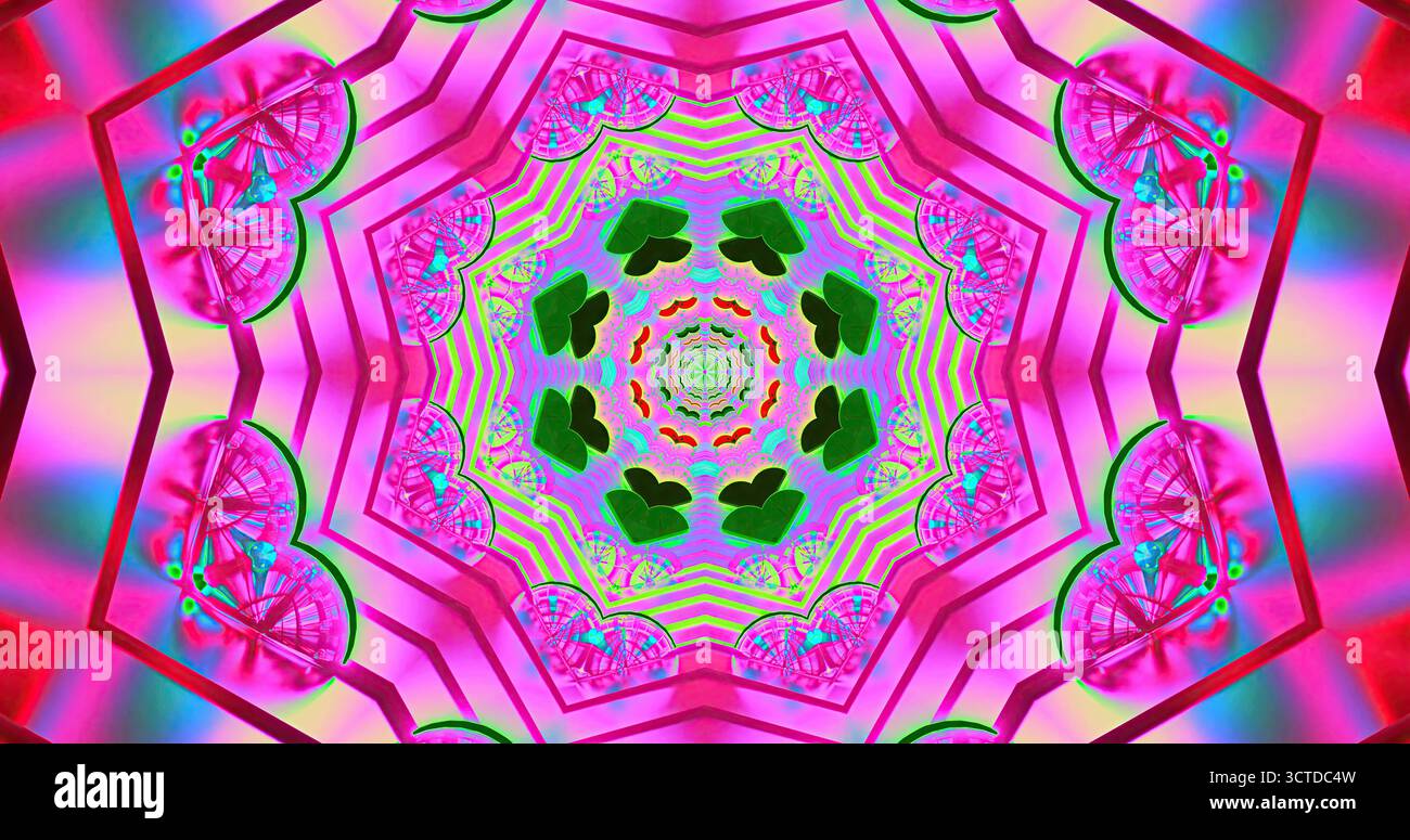 Il coloratissimo caleidoscopio presenta motivi e forme intricati. I colori vorticosi di rosa, verde e blu creano un'esperienza visiva accattivante Foto Stock
