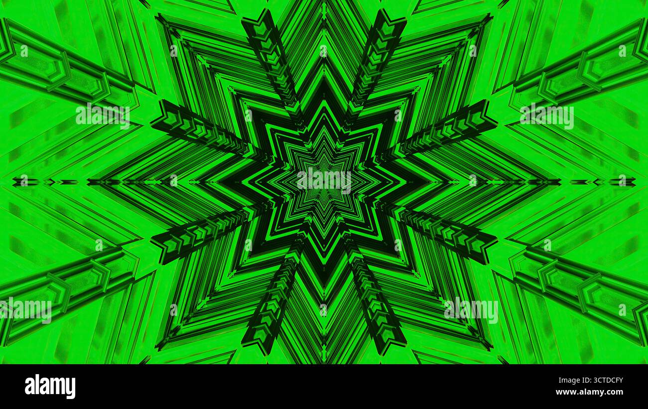 Il design intricato presenta un motivo a stella verde brillante, creato con linee nitide e forme geometriche. Evoca un senso di profondità e movimento, drawin Foto Stock