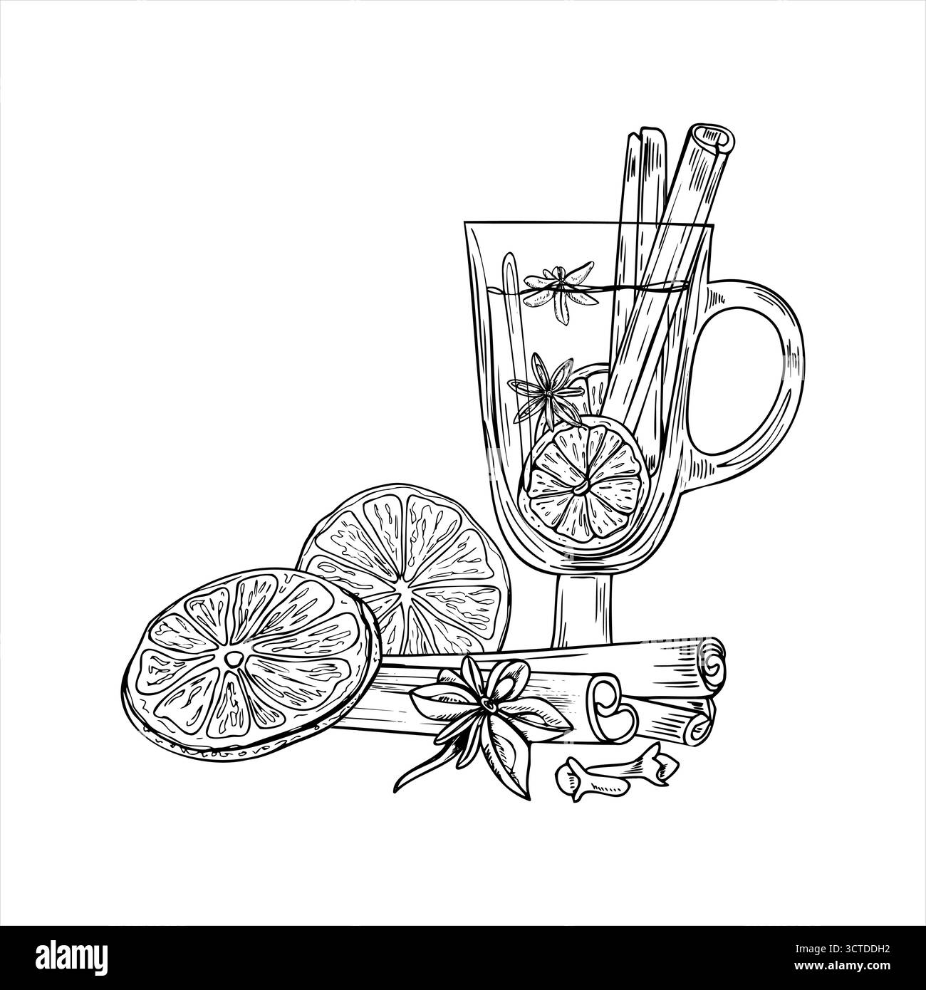 VIN brulé caldo natalizio in tazza di vetro con fette di arancia, bastoncini di cannella, anice stellato e chiodi di garofano, illustrazione isolata del vettore delle spezie. Illustrazione Vettoriale