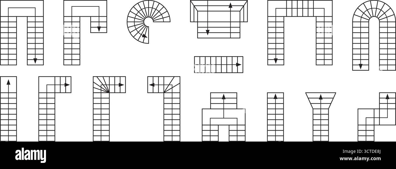 Serie di icone delle scale con frecce di direzione per la planimetria. Simboli delle scale per il progetto di interior design. Elementi delle scale per il progetto architettonico Illustrazione Vettoriale Serie di icone delle scale con frecce di direzione per la planimetria. Simboli delle scale per il progetto di interior design. Elementi delle scale per il progetto architettonico Illustrazione Vettoriale