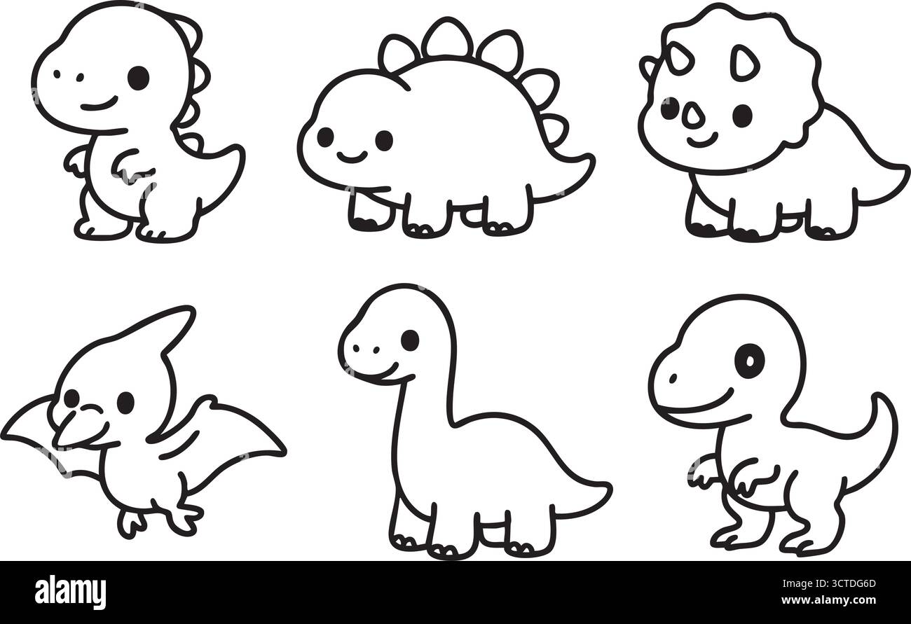 Illustrazione vettoriale di simpatiche icone di linea dei dinosauri Illustrazione Vettoriale