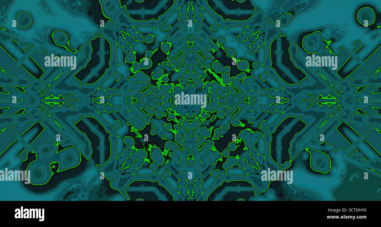 I motivi intricati nelle sfumature blu e verde creano un vivace design astratto. La grafica mostra forme e forme vorticose che attirano l'occhio e. Foto Stock