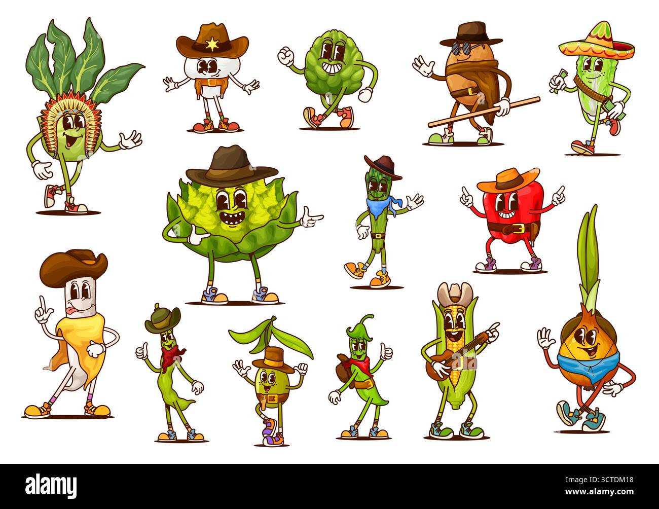 Cowboy, sceriffo e personaggi di verdure banditi. Verdure divertenti cibo salutare personaggi del selvaggio West vestiti con cappelli e stivali occidentali, mostrando gesti giocosi, set vettoriale di allevatori di verdure Illustrazione Vettoriale