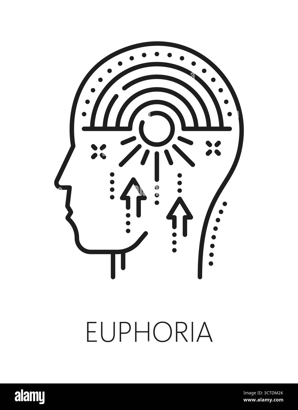 Euforia salute mentale, icona linea psicologia o simbolo. Segno vettoriale lineart salute mentale, simbolo contorno psicoterapia. Icona o pittogramma del disturbo cognitivo euforico con la silhouette della testa e il cervello Illustrazione Vettoriale