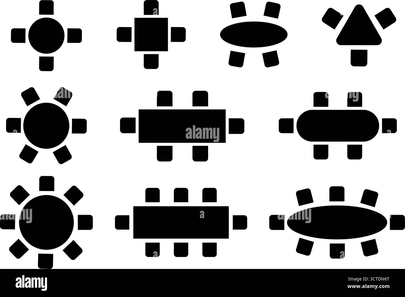 Set di posti a sedere sagomati in ristorante, caffetteria o sala da pranzo. Tabelle schematiche e sedie cartelli per la planimetria. Simboli grafici dei mobili. Vista dall'alto di Illustrazione Vettoriale