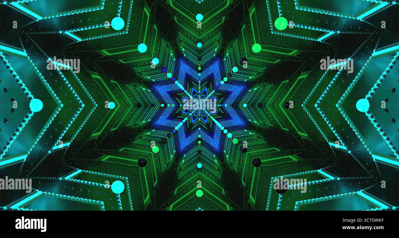 Le luminose luci al neon creano un vivace design simmetrico. L'intricato motivo presenta varie sfumature di blu, verde e nero, creando un effetto sorprendente Foto Stock
