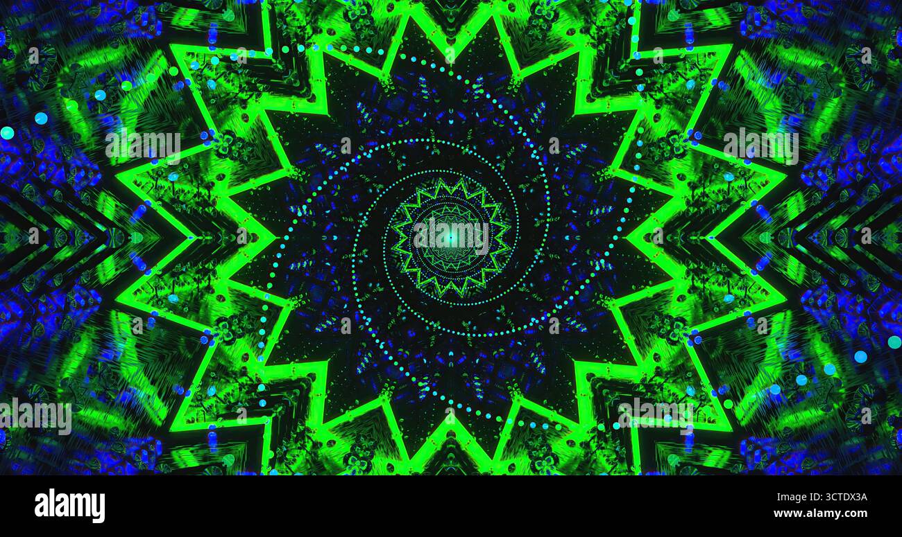 Un design accattivante caratterizzato da un vivace motivo a stella verde su uno sfondo cosmico scuro. Le forme che ruotano creano profondità, con l'aggiunta di punti a ener Foto Stock